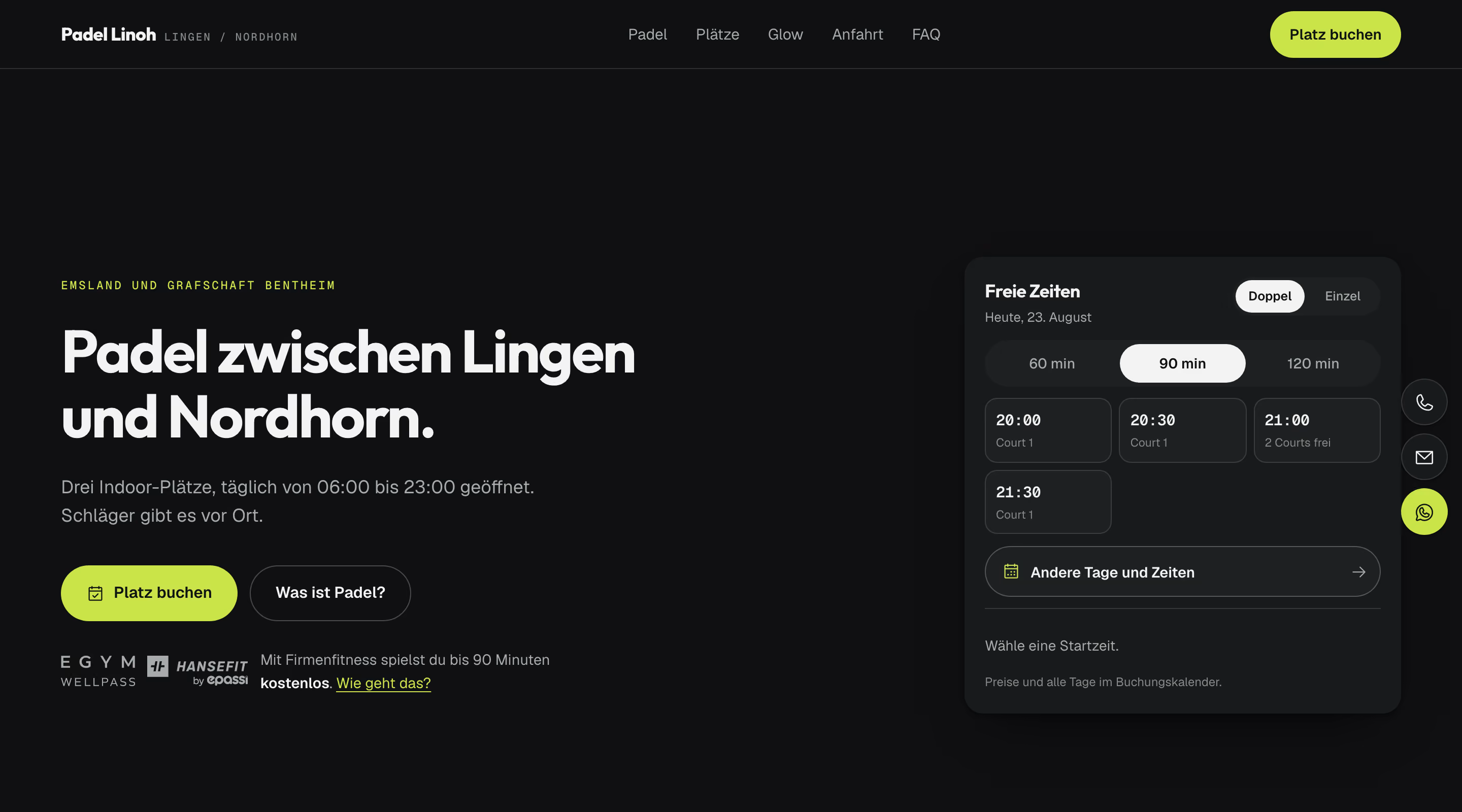 Startseite von Padel Linoh: dunkle Fläche, links die Überschrift, rechts eine Buchungskarte mit den freien Zeiten des Tages.