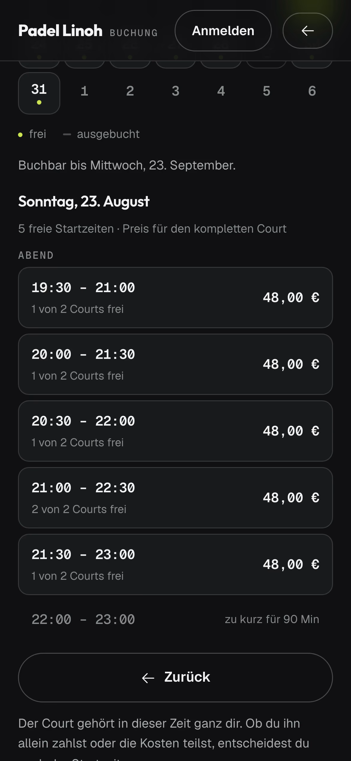 Die Buchung: die freien Startzeiten des Abends mit Preis und der Zahl der freien Plätze, darüber ein Kalender mit freien und ausgebuchten Tagen.