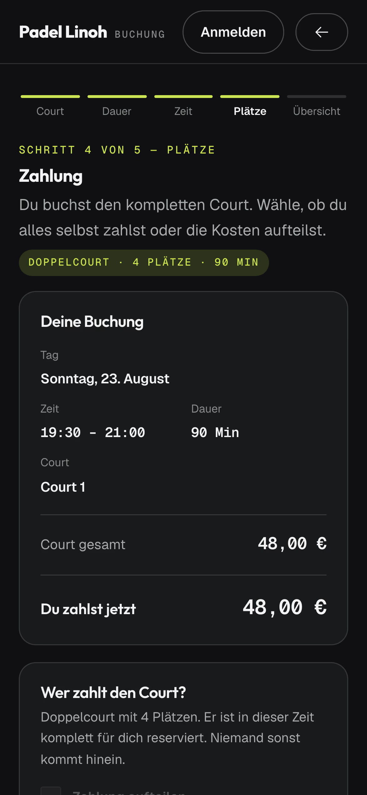 Ein Schritt weiter: die Buchung mit Tag, Zeit, Dauer, Court und dem Betrag, der jetzt zu zahlen ist.
